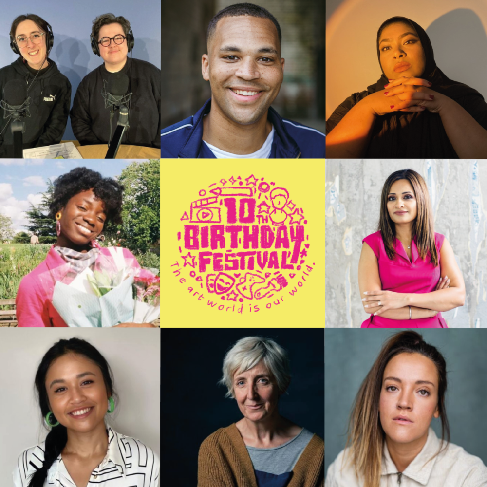 A montage of 8 eight shots of people of varying ages and ethnicities. In the middle is a pink logo reading '10th Birthday Festivall'. It is the line-up for the Youth Collective's The Art World Is Our World Festival at Contact, Manchester, June 2023.