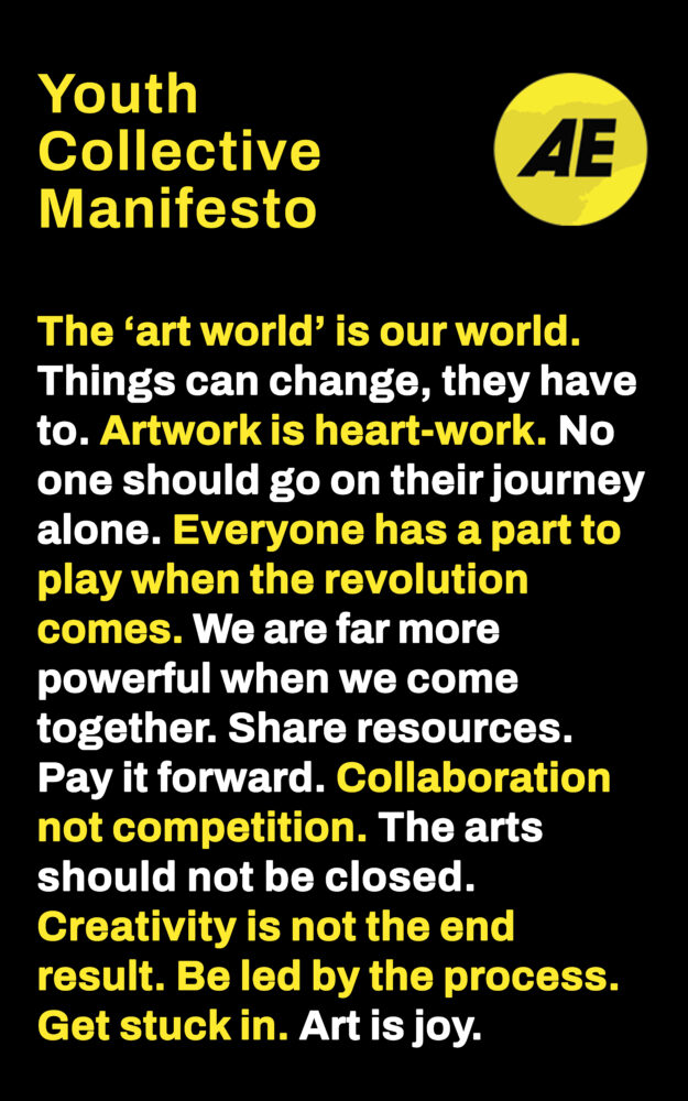 The Youth Collective manifesto written in bold yellow and white text on a black background.