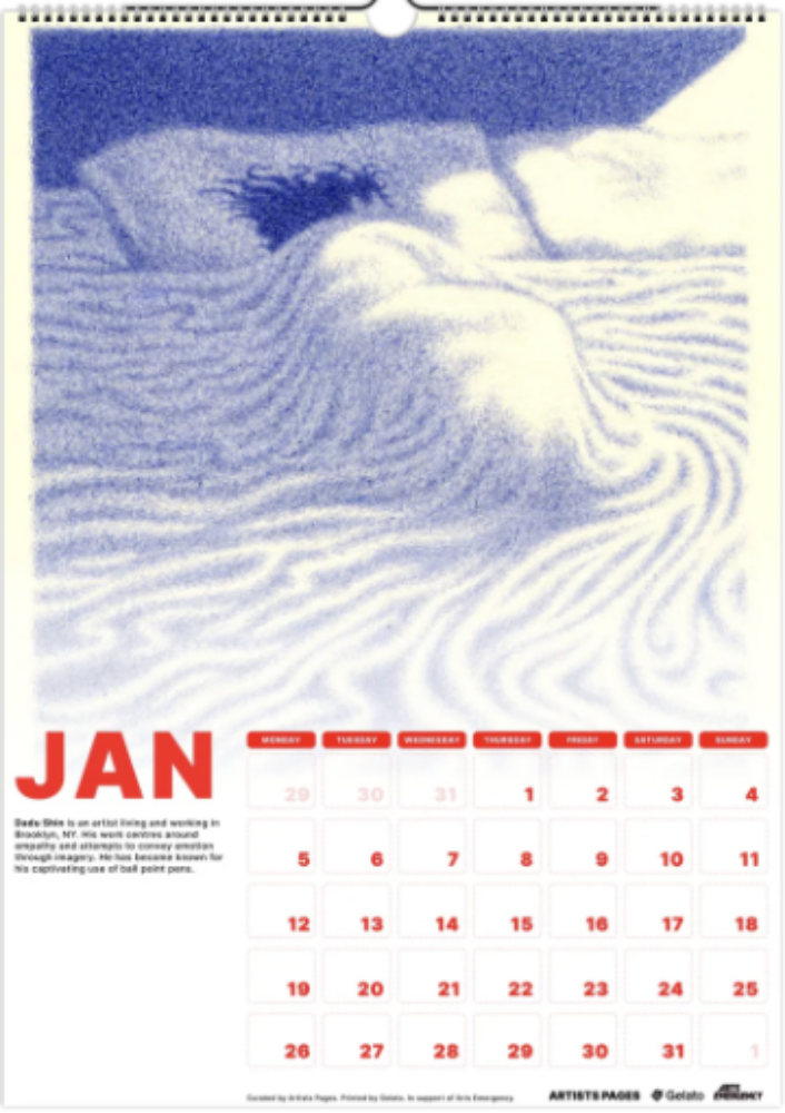 A calendar showing January 2026. The image is of a figure in bed in blue