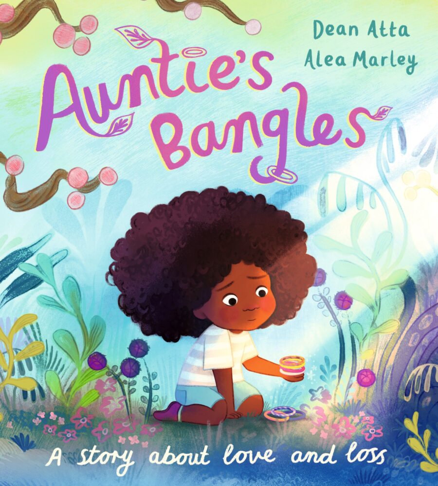 A children's book cover depicting am illustration.of a young black girl holding bangles and title text reading Aunties Bangles