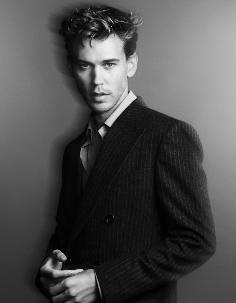 Black and white photo of actor Austin Butler