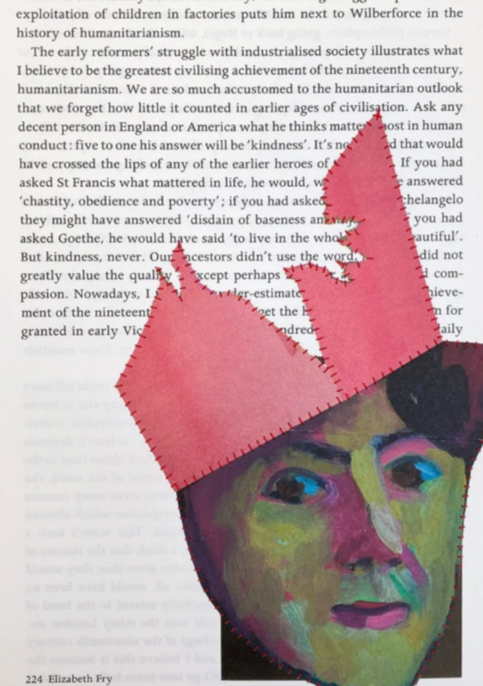 An image showing a page of a book with a collage of a woman's face with a pink crown