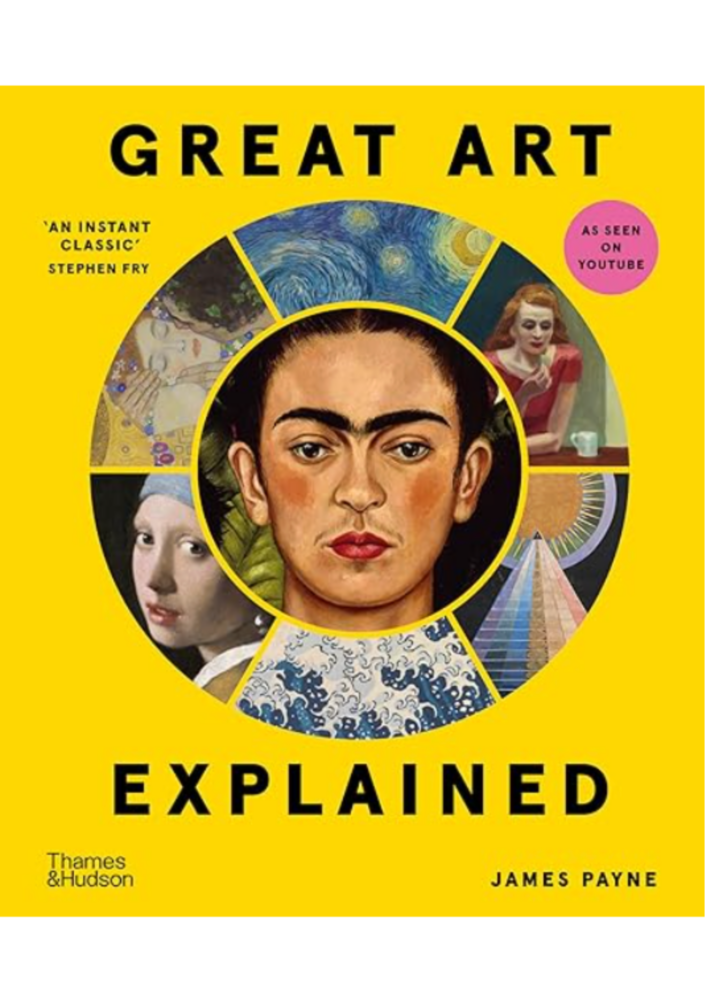Picture of the front cover of a book - Great Art Explained with a circle picture of Frida Kahlo and other famous paintings around it
