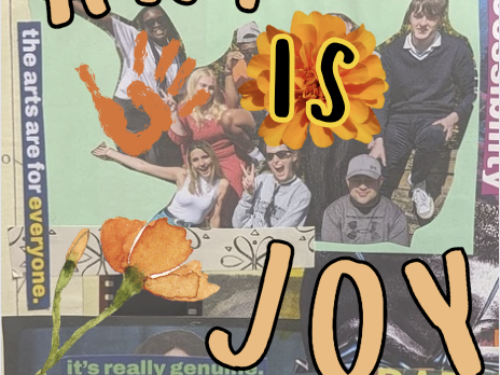 A college of photos and magazine clippings. Text reads 'Art Is Joy' and 'A zine made by Arts Emergency’s Youth Collective featuring the work of the Young Community.'