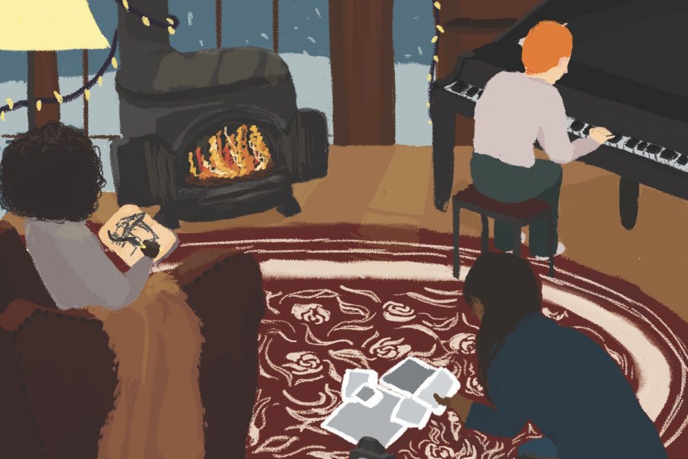 Illustration showing a young person sketching, playing piano and organising photos next to an open fire, with snow outside