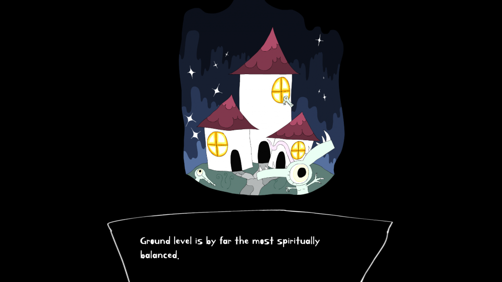 A screenshot with a black background featuring a spot illustration of a little group of houses at night. The houses have pointy dark red roofs and round windows that are lit yellow. The sky is shaded blue to black with stars and in the foreground there are pale green one-eyed creatures with big ears running around, arms outstretched. There is a caption in sketched box that reads 'Ground level is by far the most spiritually balanced.'