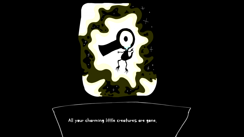 A screenshot with a black background featuring a spot illustration of a one-eyed creature with a big head and claws floating in a white, cream, and green cloud against a starry night sky. The little creature is crying. There is a caption at the bottom of the screen in a sketched box that reads 'All your charming little creatures are gone.'
