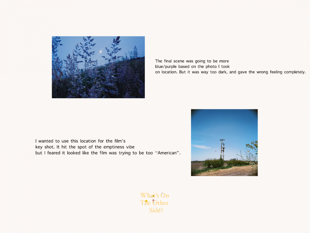 A storyboard section from a film with stills of blue landscape and notes.