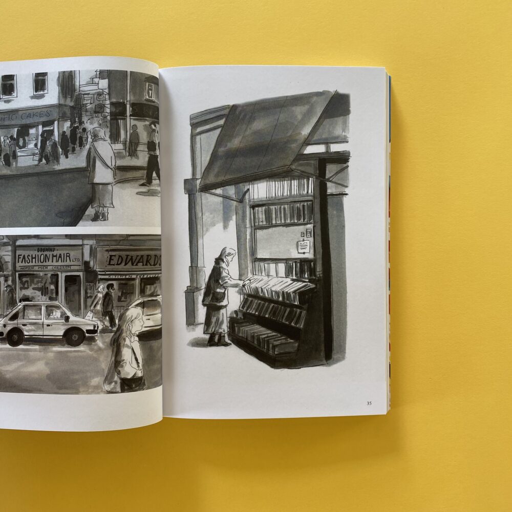 An open book showing a page of a black and white illustration of someone looking in a shop window