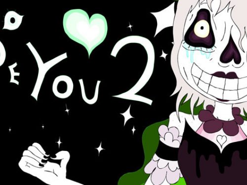 A title card for a video game showing the 'Be You 2' logo with a grinning skeleton girl in a frilly but gothic dress and black makeup against a stylised night sky background with floating hearts and a creepy eye.