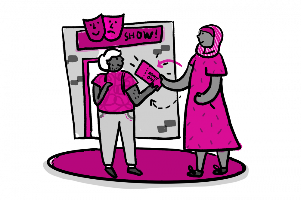 A principally pink illustration of two people looking at their tickets outside a theatre.