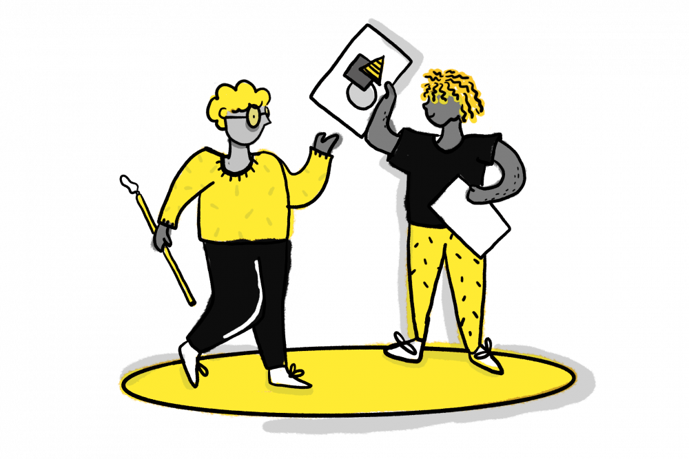 A mostly yellow illustration of two people admiring some graphic design.