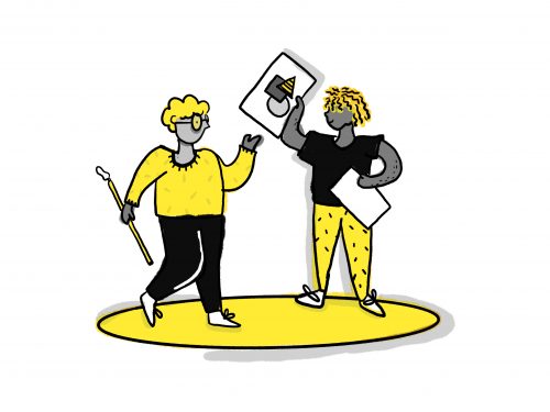 A mostly yellow illustration of two people admiring some graphic design.
